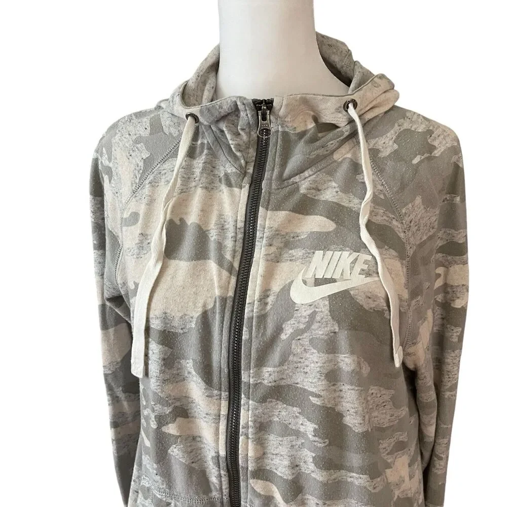 Nike Small Gym Vintage Hoodie Full Zip Sweatshirt Gray Camo Hooded Casual